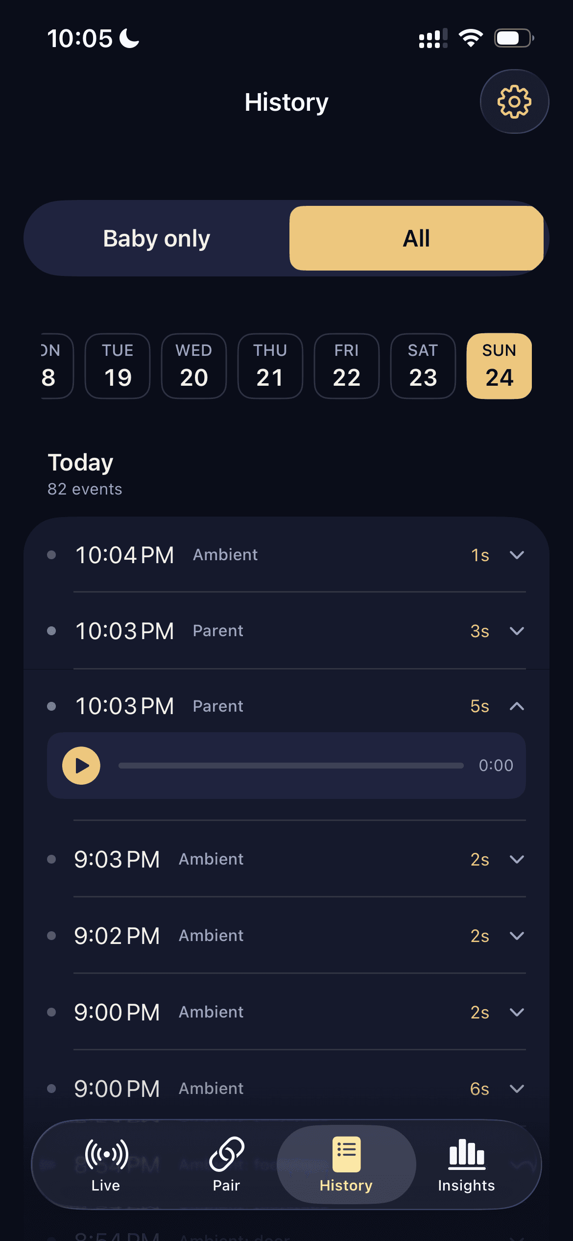 History tab with weekly session list